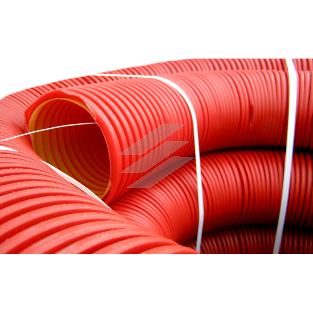Труба гнучка двошарова з протяжкою та муфтою Ø75/62мм; міцність 450Н, колір червоний/жовтий. Бухта 50м, ДКС