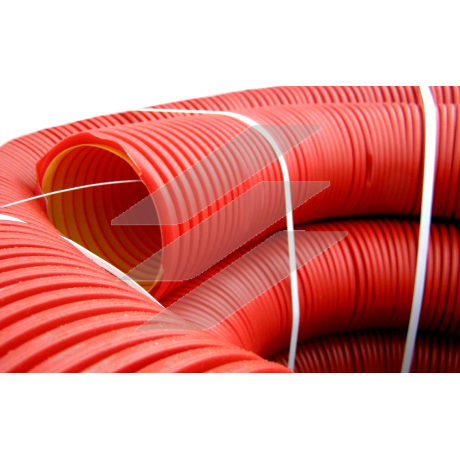Труба гнучка двошарова з протяжкою та муфтою Ø75/62мм; міцність 450Н, колір червоний/жовтий. Бухта 50м, ДКС
