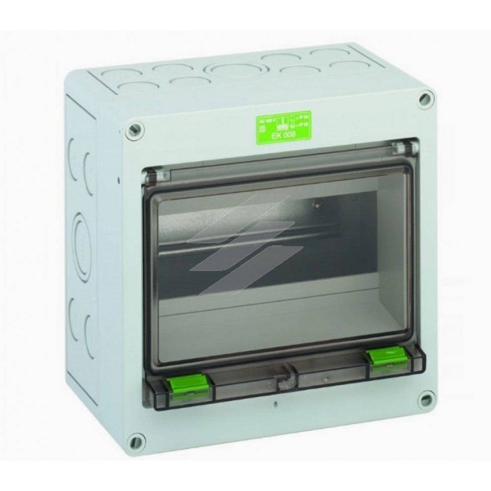 Розподільчий щит EK 008, порожній, на 8 модулів, PE/N-клема 2х7 пол, 6/16мм², (182х180х111мм), полістирол, IP54/65, Spelsberg