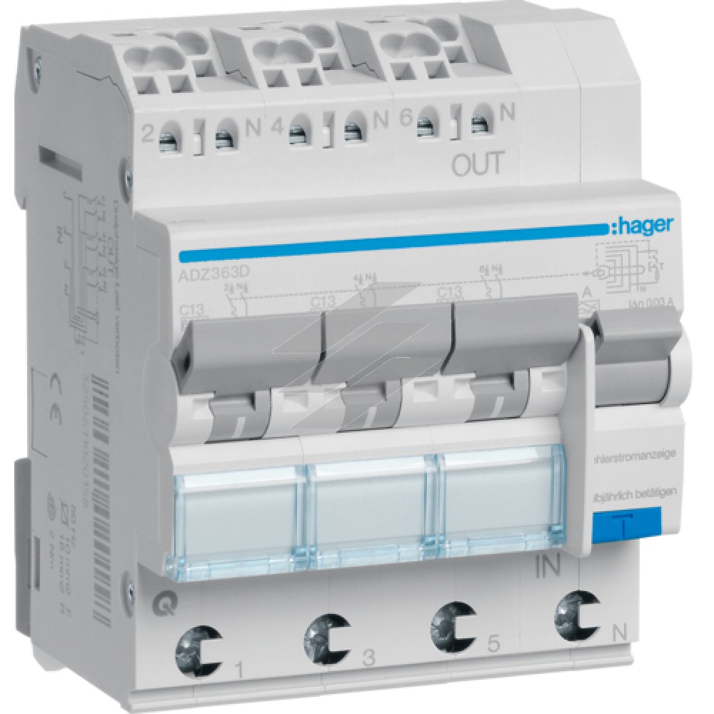 Диференційний автоматичний вимикач 3x (1P+N) 6kA крива C 13A 30mA тип-А QuickConnect, Hager