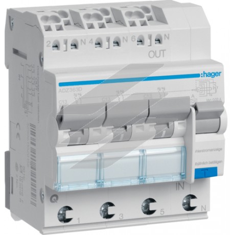 Диференційний автоматичний вимикач 3x (1P+N) 6kA крива C 13A 30mA тип-А QuickConnect, Hager