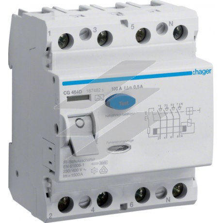 Пристрій захисного відключення 4P 100A 500mA A, Hager