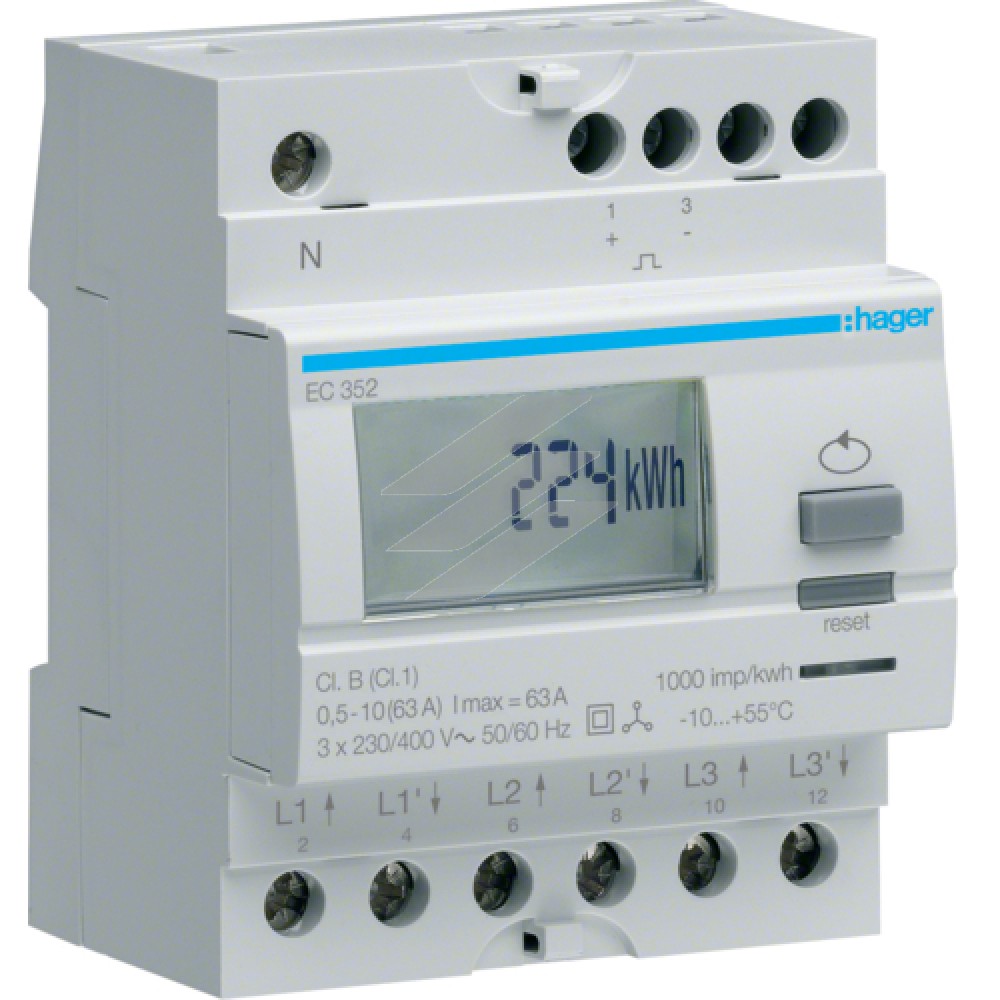 Лічильник 3-фазний прямого підключення 2-тарифний 63А, 4м, Hager