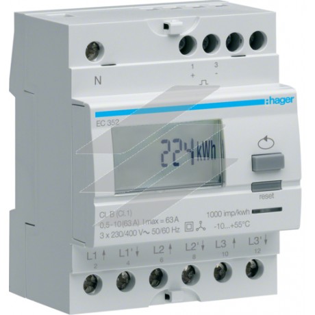Лічильник 3-фазний прямого підключення 2-тарифний 63А, 4м, Hager