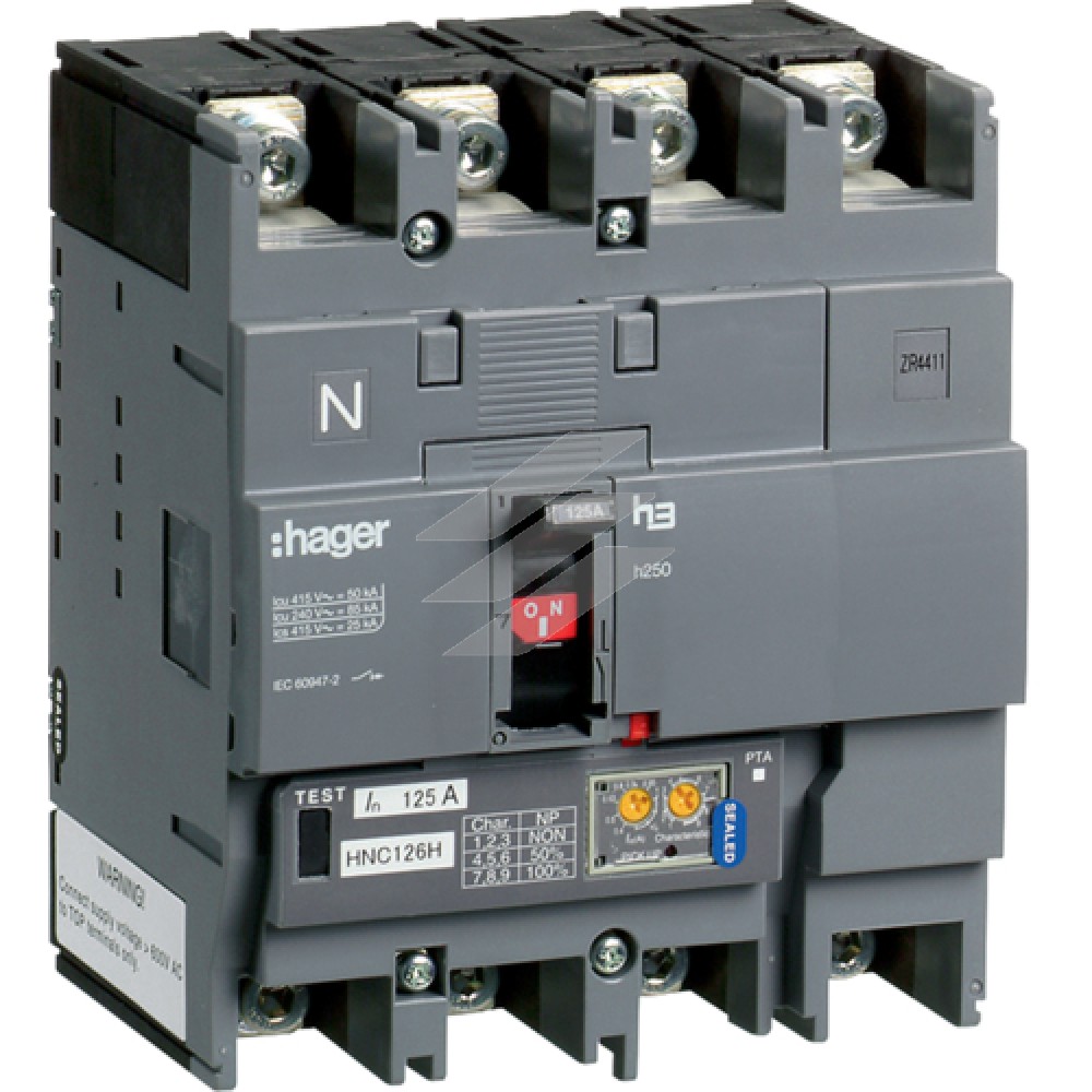 Автоматичний вимикач h250, In=125А, 4п, 50kA, LSI Hager