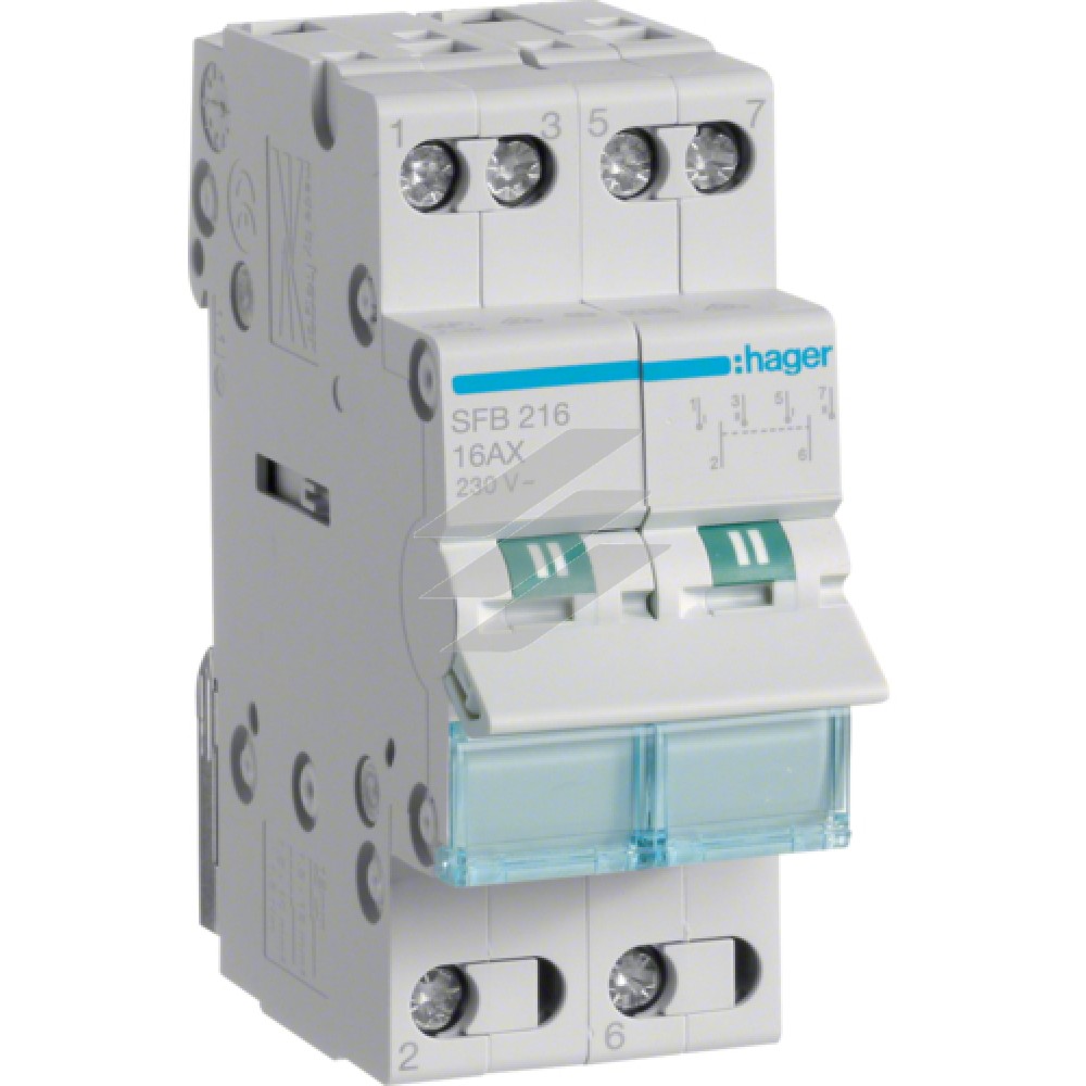 Перемикач I-0-II з загальним виходом знизу 2P 16А 230В, Hager
