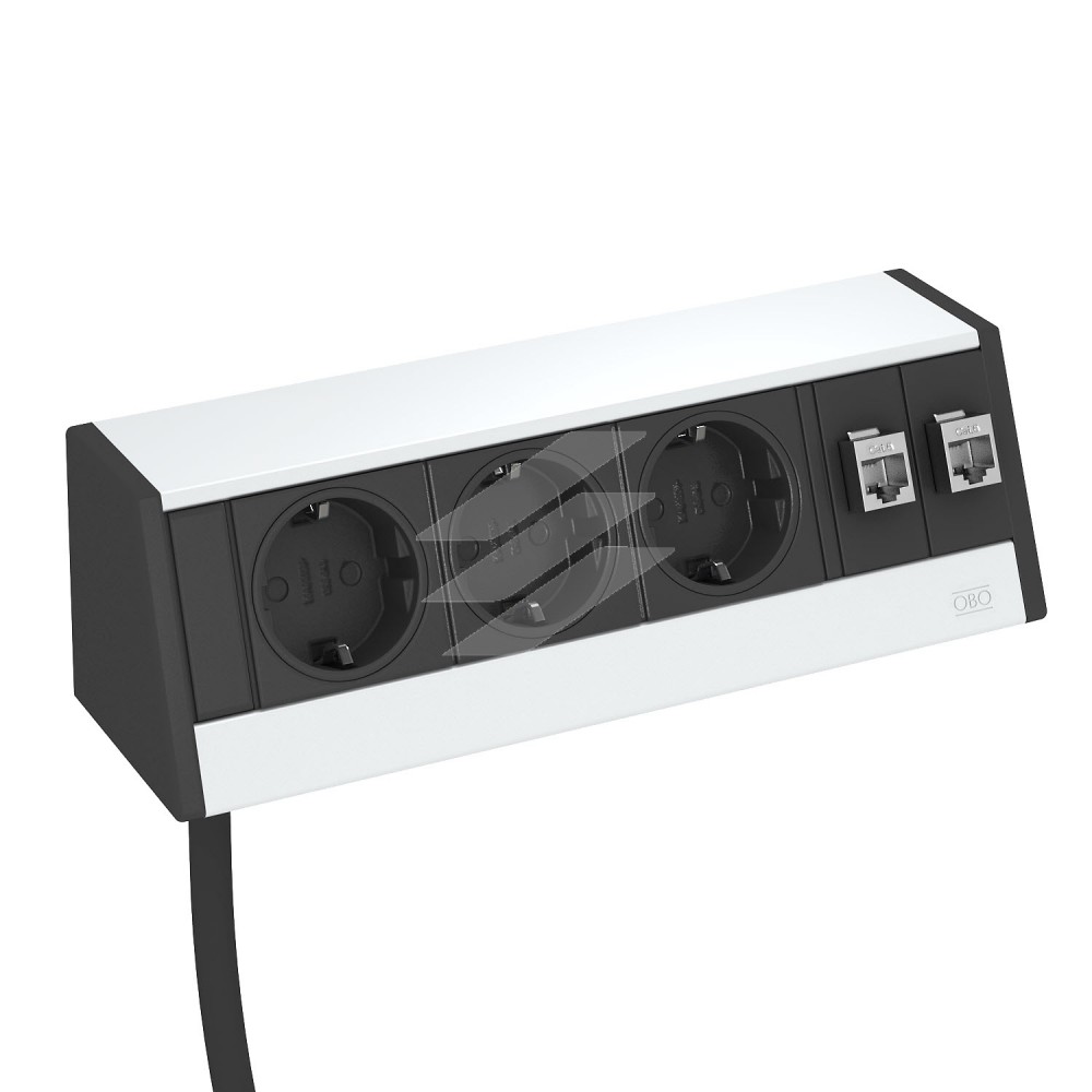 Блок розеток DB 235мм, 3x 2р+E 250V~+2 RJ45 Cat.6, кабель 3, 0м/ Anodised, OBO Bettermann