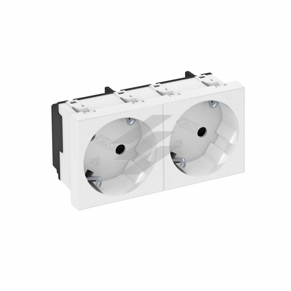 Розетка modul 2x45 із заземленням та шторками 250V~, 16A, 33˚/ біла, OBO Bettermann