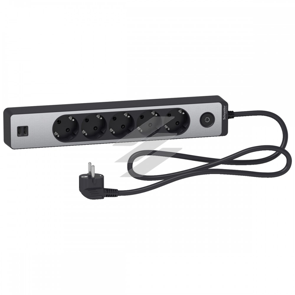 Подовжувач на 5 розеток з заземленням, 2 USB, алюміній, чорний, 1.5м, Schneider Electric