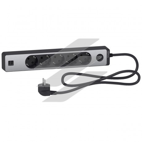 Подовжувач на 5 розеток з заземленням, 2 USB, алюміній, чорний, 1.5м, Schneider Electric