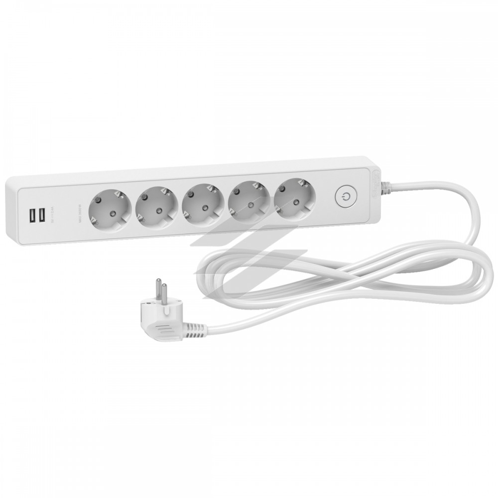 Подовжувач на 5 розеток з заземленням, 2 USB, білий колір, 3м, Schneider Electric