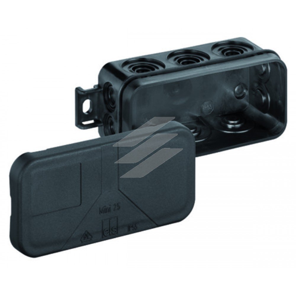 Розподільча коробка Mini 25-L/sw (89х43х37мм), порожня, 10 вводів (2 вводи на днищі), IP55, чорна, Spelsberg
