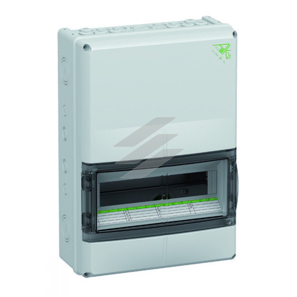 Розподільчий щит AK 14 Plus порожній (315х450х155мм), на 14 модулів 1 ряд, з додатковим простором та рейкою 35мм, без PE/N клеми, IP65, полікарбонат, стійкий до аміаку, з вбудованими вентиляційними елементами, Spelsberg