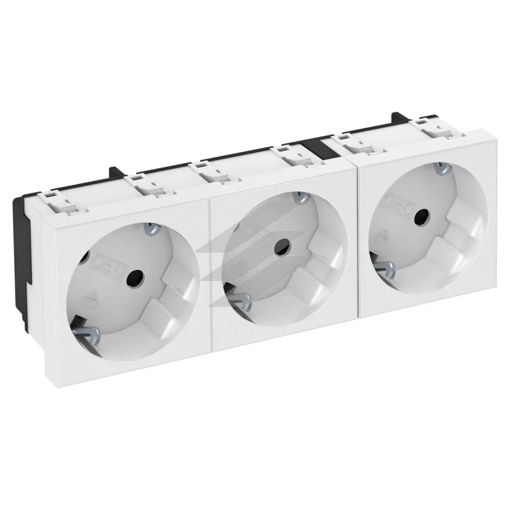 Розетка modul 3x45 із заземленням та шторками 250V~, 16A, 33˚/біла, OBO Bettermann