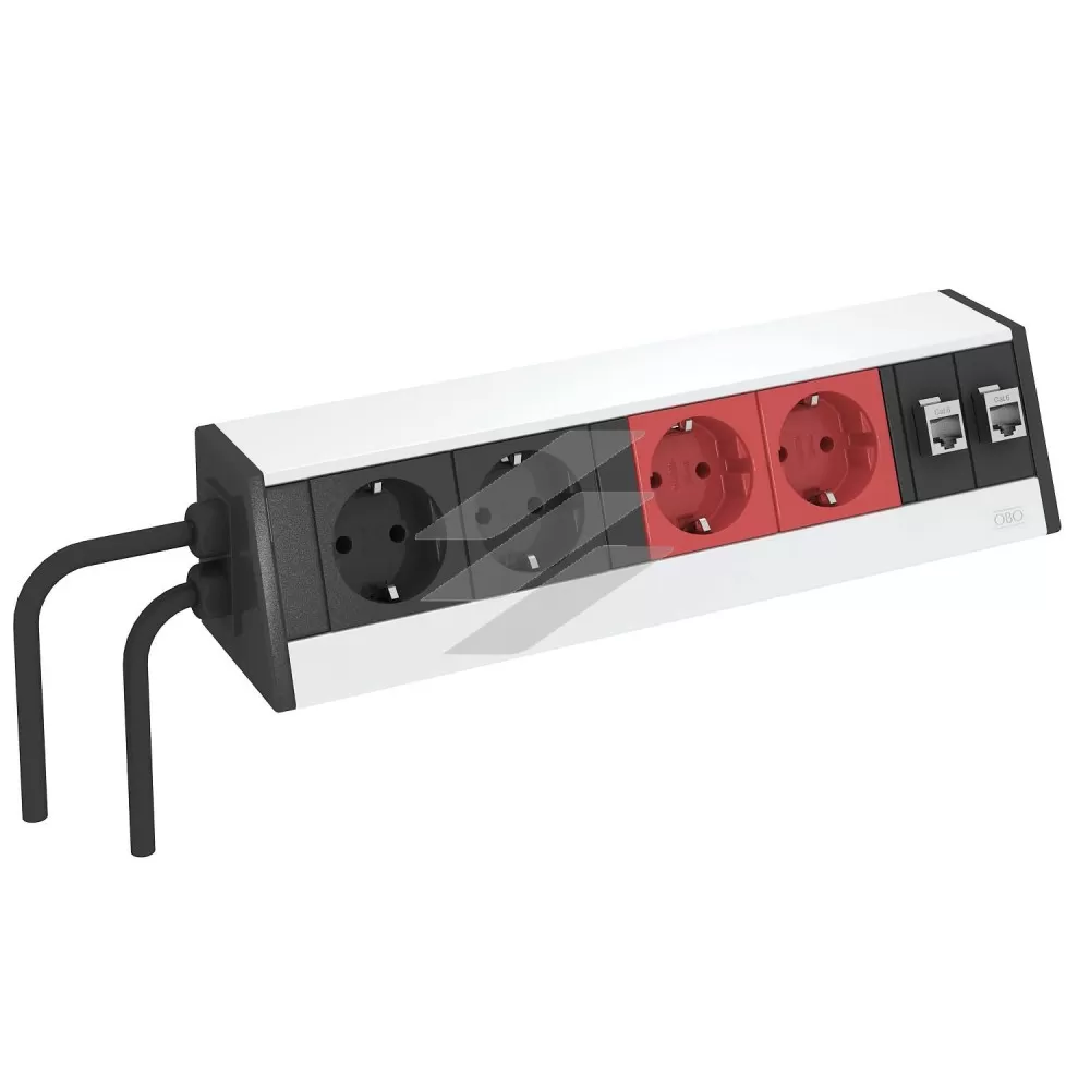 Блок розеток DB 300мм 4x 2р+E 250V~+2 RJ45 Cat.6, кабель 3, 0м, ввід з боку/Anodised, OBO Bettermann