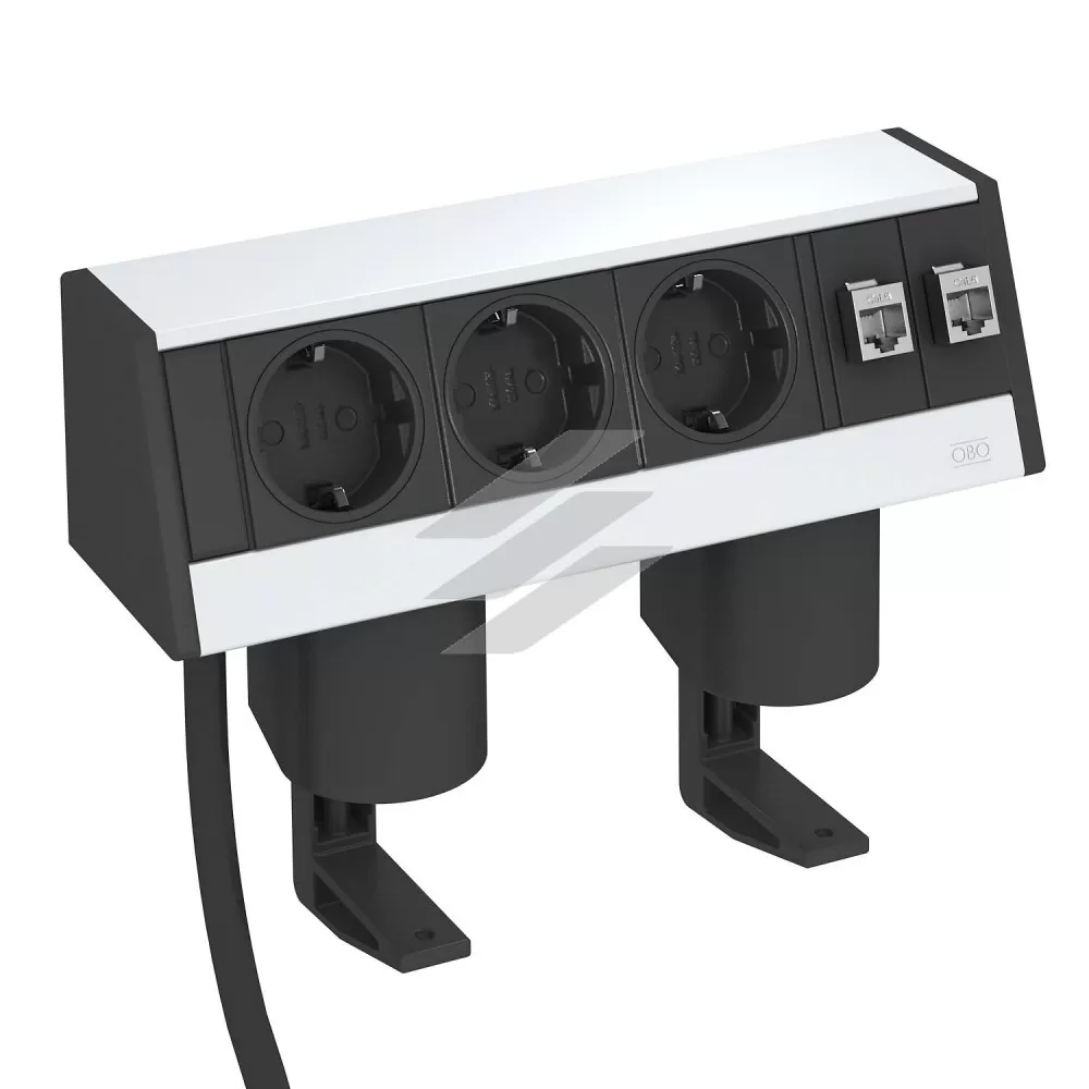 Блок розеток DB 235мм з кріпленнями, 3x 2р+E 250V~+2 RJ45 Cat.6, кабель 3.0м, Anodised, OBO Bettermann