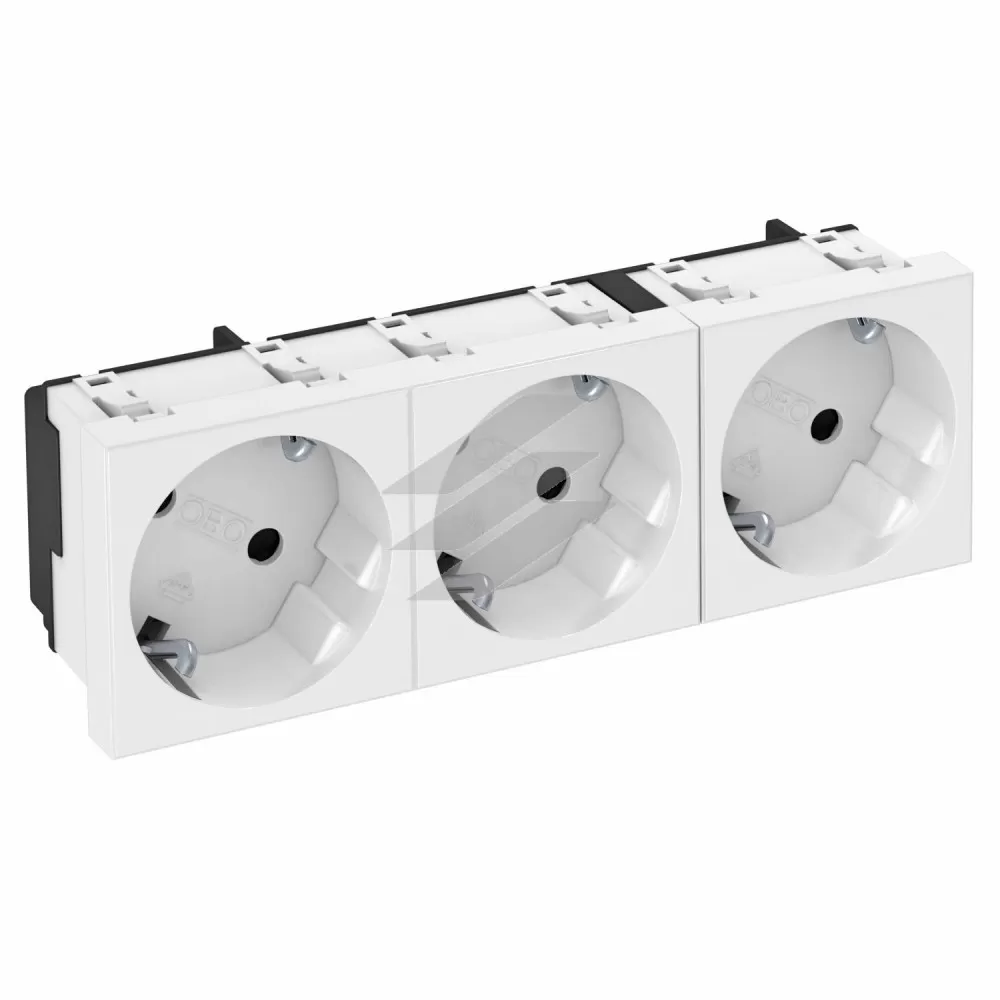 Розетка modul 3x45 із заземленням та шторками 250V~, 16A, 33˚/біла, OBO Bettermann