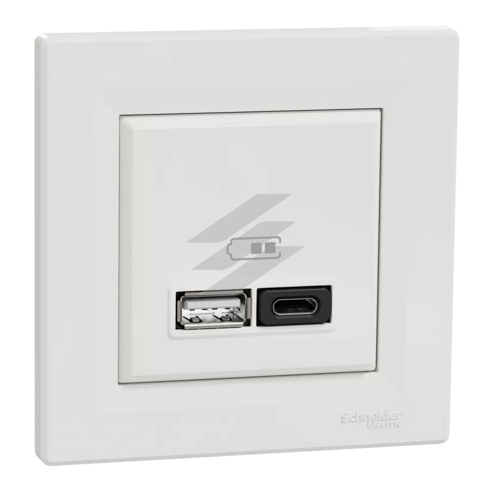 Подвійна USB розетка, type A+C, 3а, 45Вт, біла, серія Asfora, Schneider Electric