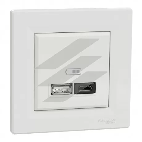Подвійна USB розетка, type A+C, 3а, 45Вт, біла, серія Asfora, Schneider Electric