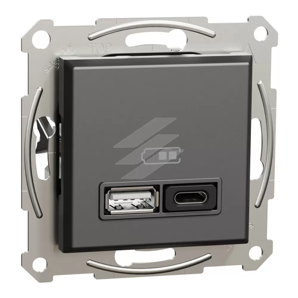 Подвійна USB розетка, type A+C, 3а, 45Вт, антрацит, серія Asfora, Schneider Electric