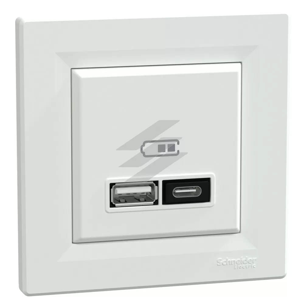 Подвійна USB розетка, type A+C, 21 Вт, біла, серія Asfora, Schneider Electric