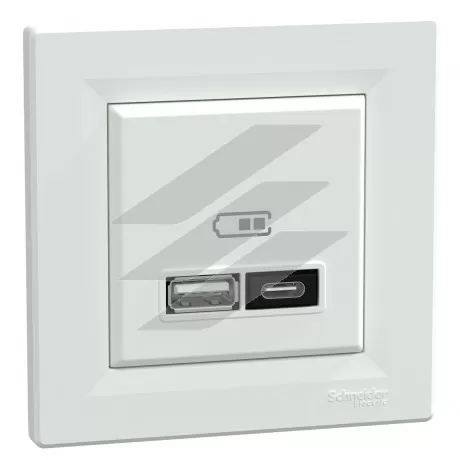 Подвійна USB розетка, type A+C, 21 Вт, біла, серія Asfora, Schneider Electric