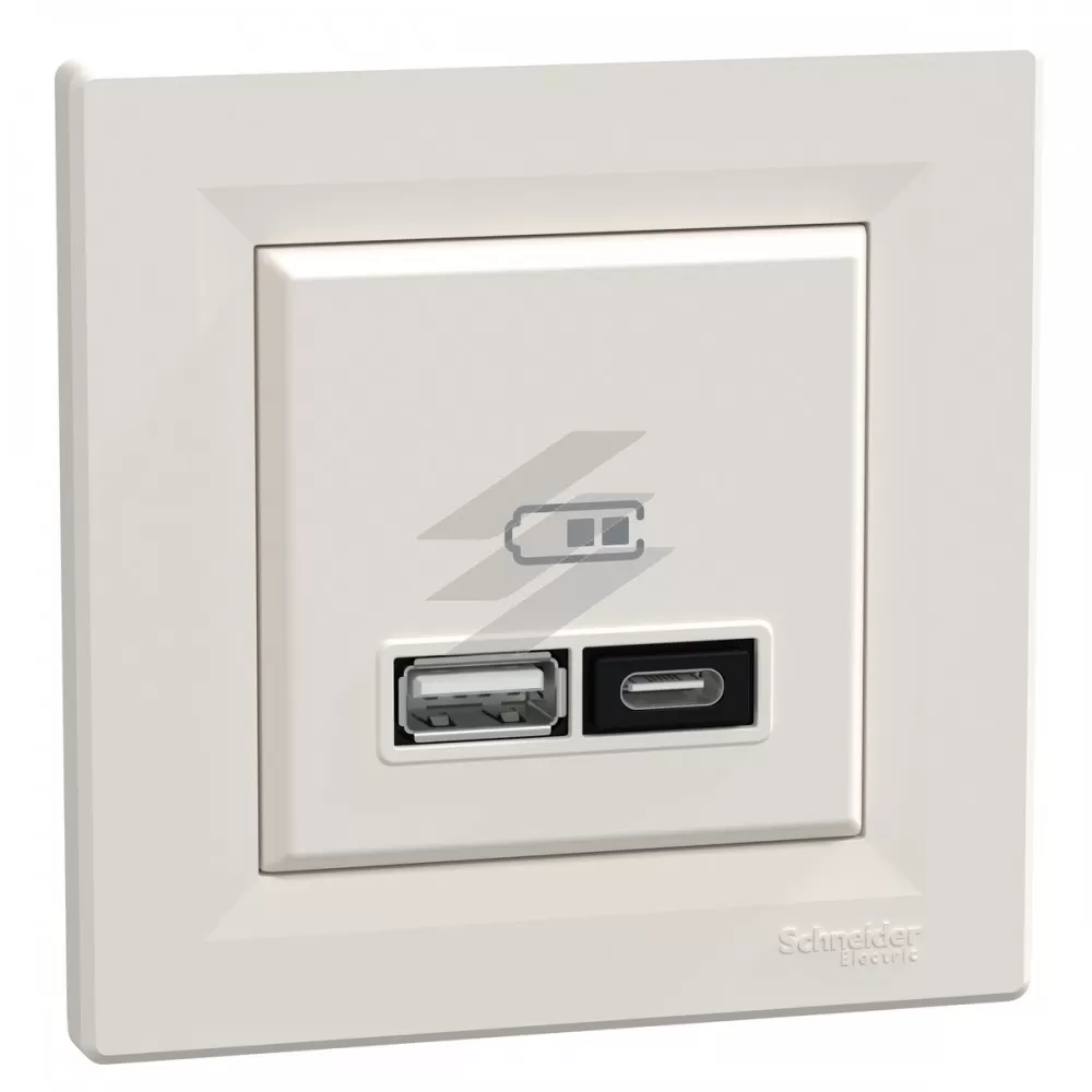 Подвійна USB розетка, type A+C, 21 Вт, кремова, серія Asfora, Schneider Electric