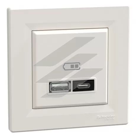 Подвійна USB розетка, type A+C, 21 Вт, кремова, серія Asfora, Schneider Electric