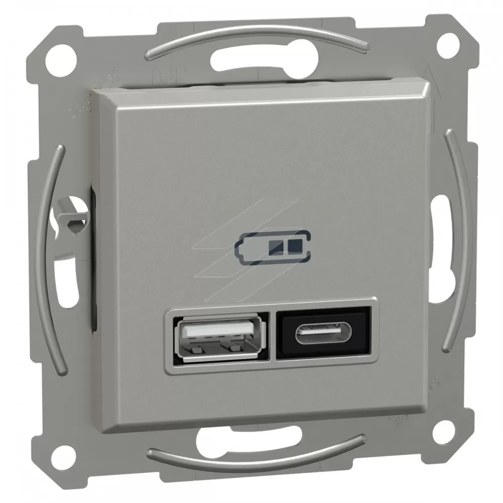 Подвійна USB розетка, type A+C, 21 Вт, алюміній, серія Asfora, Schneider Electric