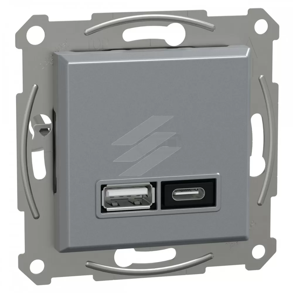 Подвійна USB розетка, type A+C, 21 Вт, сталь, серія Asfora, Schneider Electric