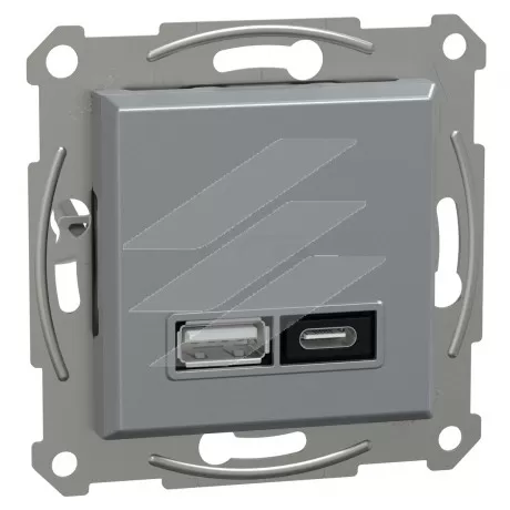 Подвійна USB розетка, type A+C, 21 Вт, сталь, серія Asfora, Schneider Electric