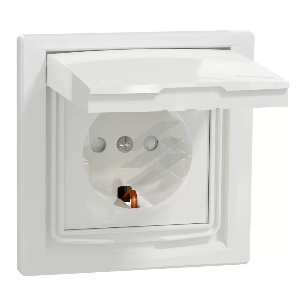 Розетка із заземленням, шторками та кришкою, IP44, біла, серія Asfora, Schneider Electric