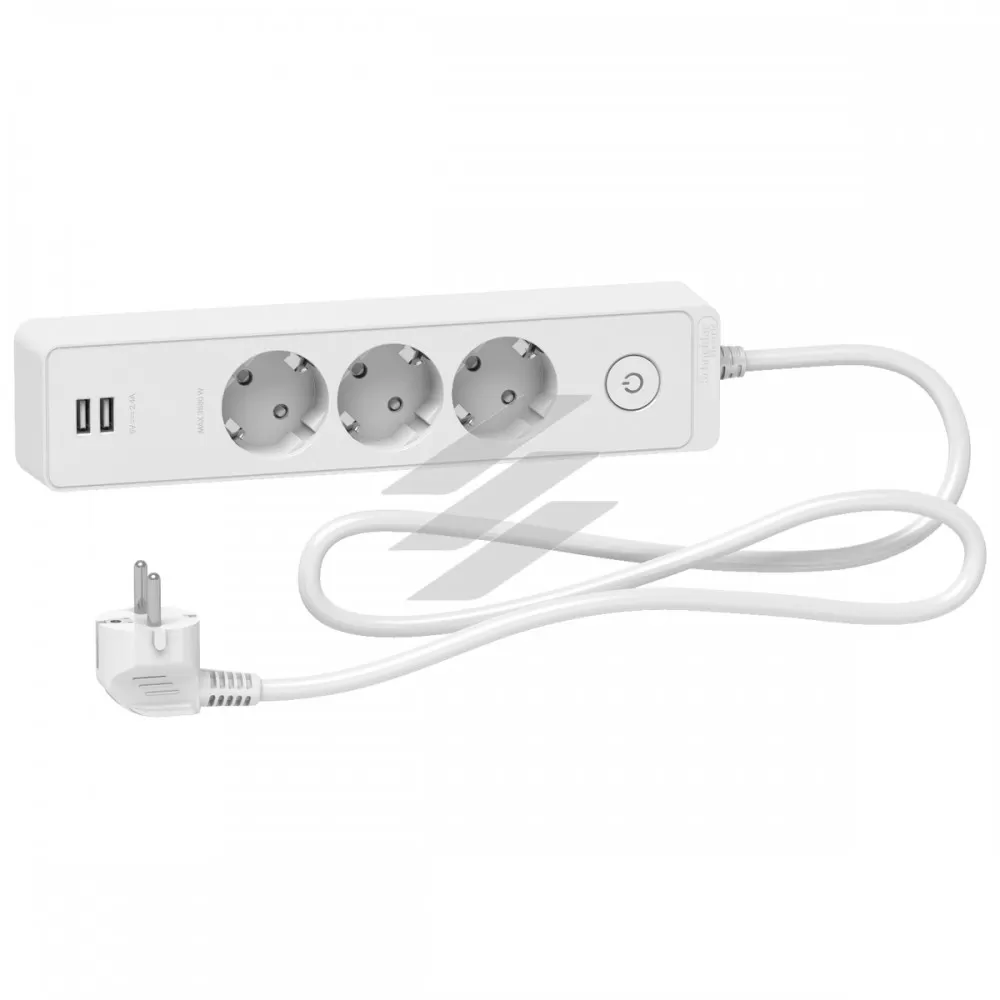 Подовжувач на 3 розетки з заземленням, 2 USB, білий колір, 1.5м, Schneider Electric