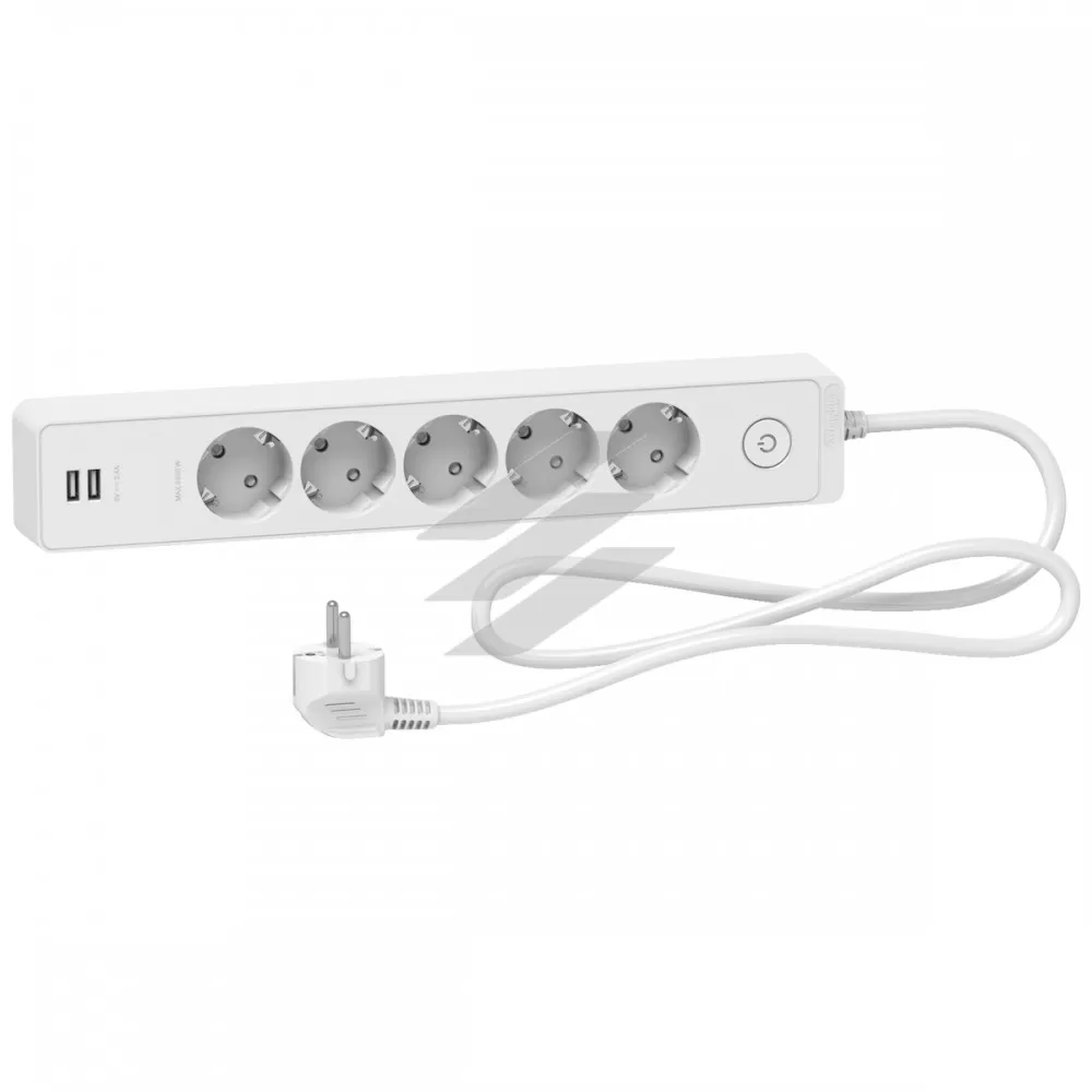 Подовжувач на 5 розеток з заземленням, 2 USB, білий колір, 1.5м, Schneider Electric