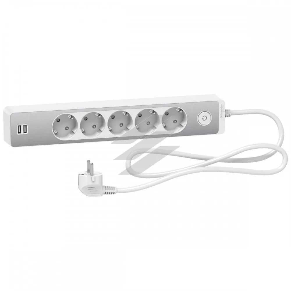 Подовжувач на 5 розеток з заземленням, 2 USB, алюміній/білий колір, 1.5м, Schneider Electric