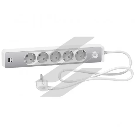Подовжувач на 5 розеток з заземленням, 2 USB, алюміній/білий колір, 1.5м, Schneider Electric