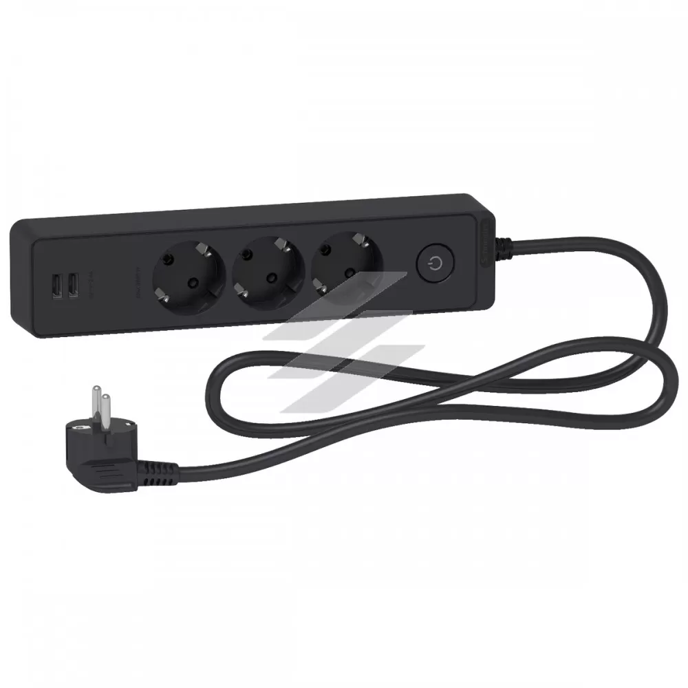Подовжувач на 3 розетки з заземленням, 2 USB, чорний, 1.5м, Schneider Electric