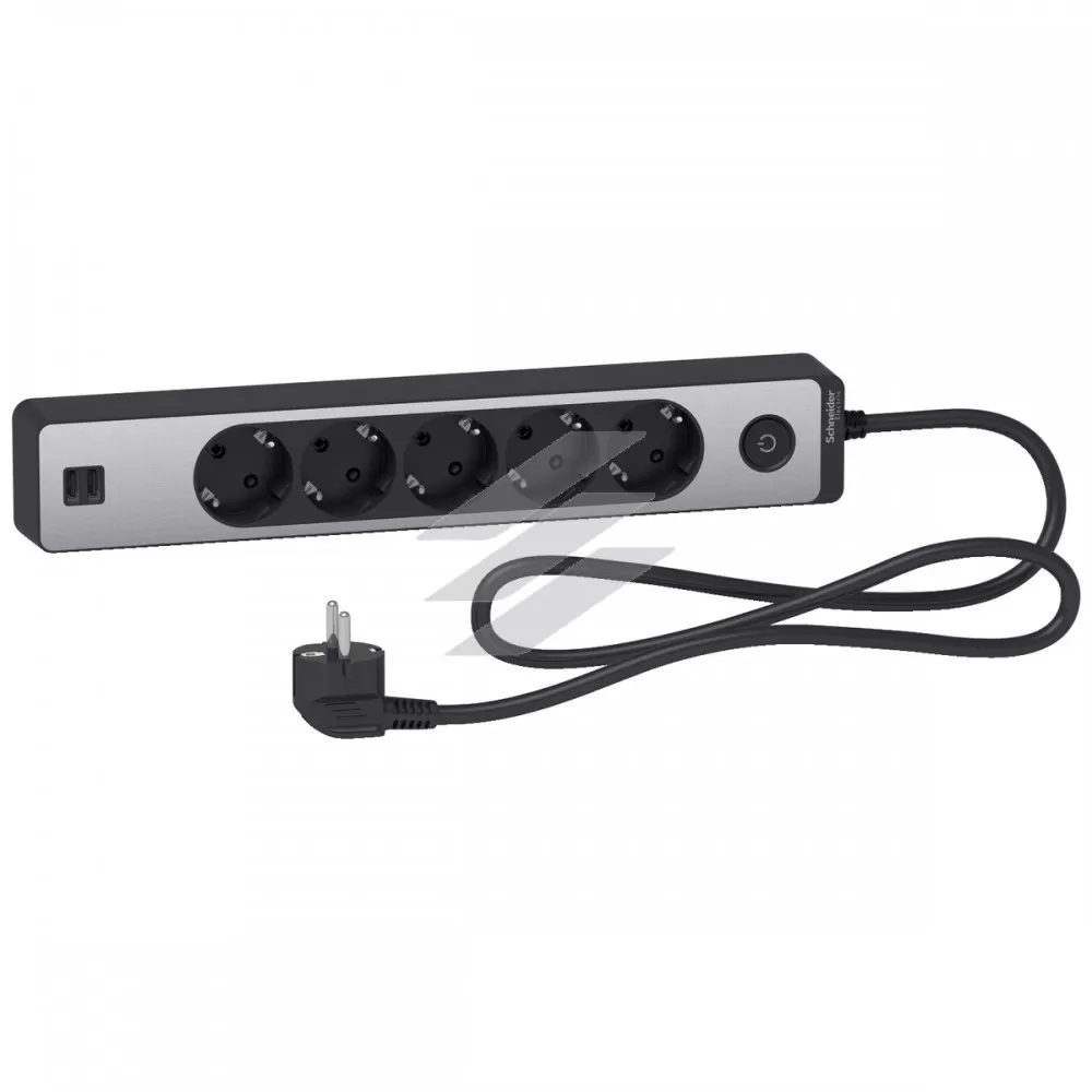Подовжувач на 5 розеток з заземленням, 2 USB, алюміній, чорний, 1.5м, Schneider Electric