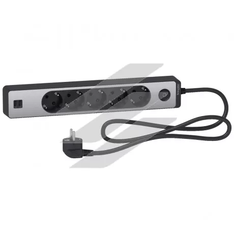 Подовжувач на 5 розеток з заземленням, 2 USB, алюміній, чорний, 1.5м, Schneider Electric