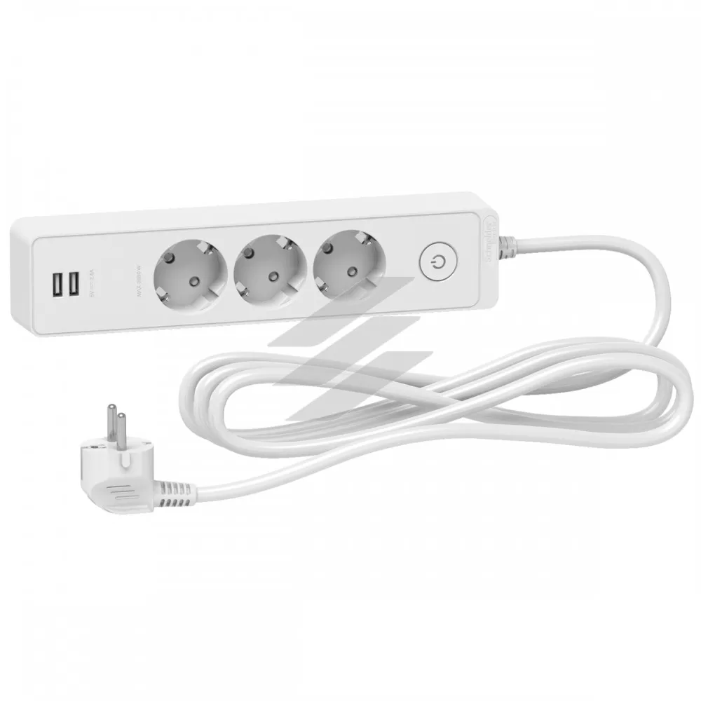 Подовжувач на 3 розетки з заземленням, 2 USB, білий колір, 3м, Schneider Electric