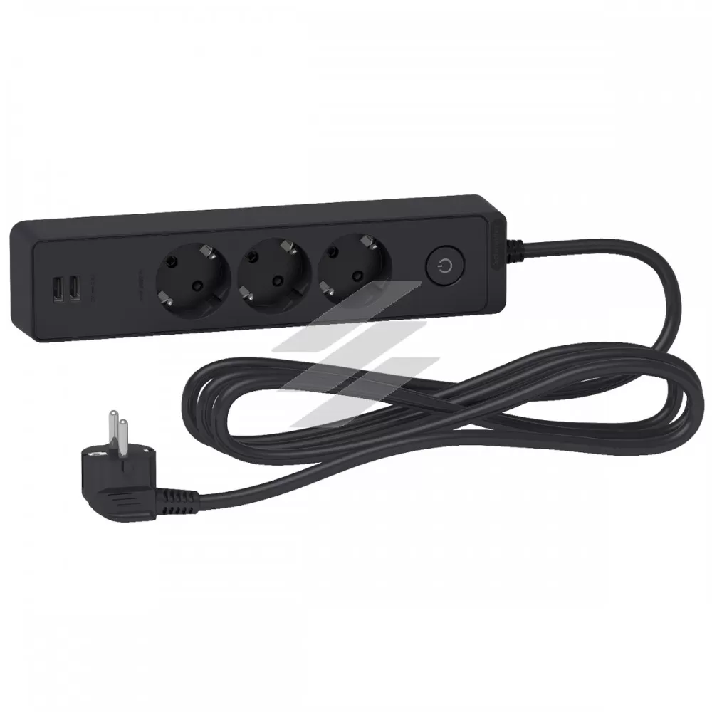 Подовжувач на 3 розетки з заземленням, 2*USB, чорний, 3 метри, Schneider Electric