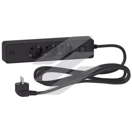 Подовжувач на 3 розетки з заземленням, 2*USB, чорний, 3 метри, Schneider Electric