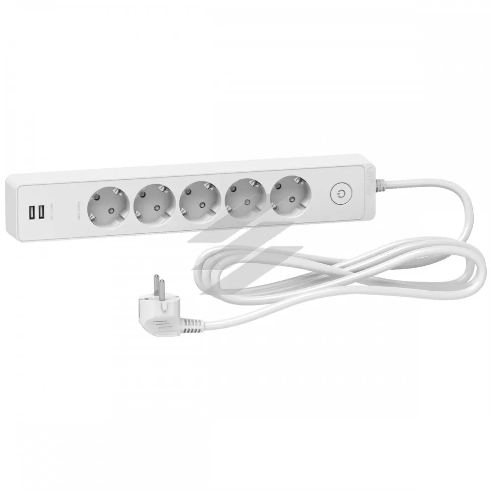 Подовжувач на 5 розеток з заземленням, 2 USB, білий колір, 3м, Schneider Electric