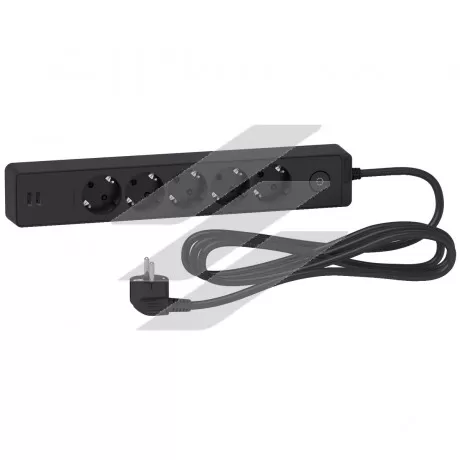 Подовжувач на 5 розеток, з заземленням, 2 USB, чорний, 3м, Schneider Electric