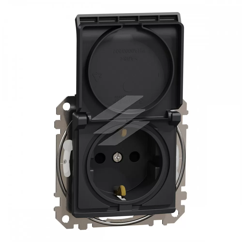 Розетка з заземленням і з шторками, IP44, чорний, Sedna Design, Schneider Electric
