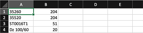 Заполните таблицу: Столбец 1 (A) - Код Производителя (Артикул), Столбец 2 (B) - Количество. Смотрите пример на изображении. Сохраните таблицу в формате Excel .xlsx.